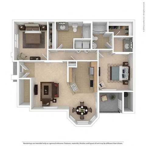 Floor plan for 2 beds, 2 baths, 1139 sqft